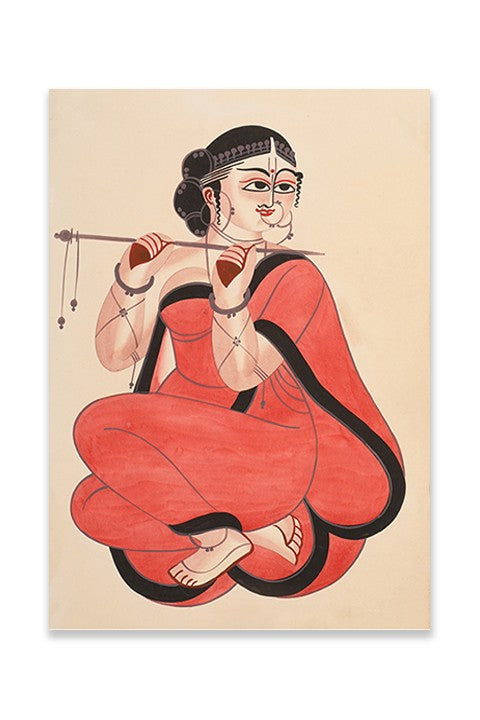 Woman in Red Saree Holding A Flute