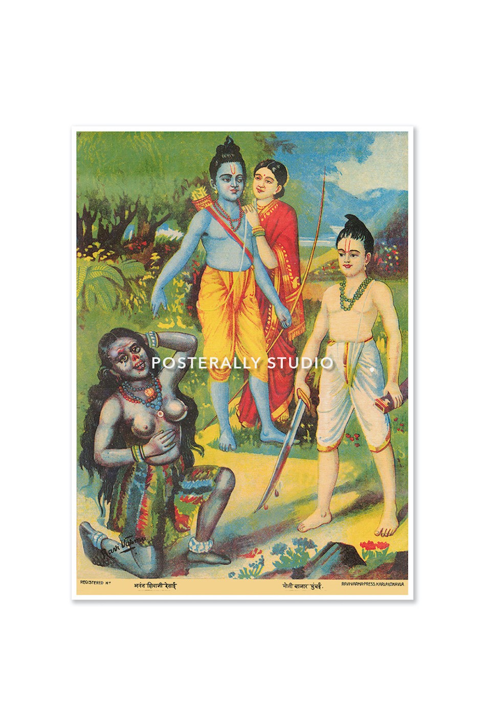 Lashman Raja Ram, Sita, Lakshman with Surpanakha by Raja Ravi Varma – Posterally Studio