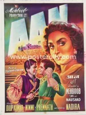 Aan 1952 Poster | Original vintage artist drawn Bollywood poster of Aan 1952 for sale | Dilip Kumar Nimmi Premnath and Nadira | directed by Mehboob Khan. 