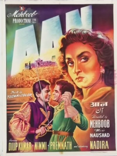 Aan 1952 Poster | Original vintage artist drawn Bollywood poster of Aan 1952 for sale | Dilip Kumar Nimmi Premnath and Nadira | directed by Mehboob Khan. 