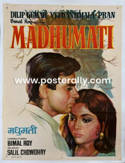 Buy Madhumati 1958 Bollywood Movie Poster. Starring Dilip Kumar, Vyjayanthimala, Pran, Johnny Walker. Directed by Bimal Roy. Vintage Bollywood Posters.