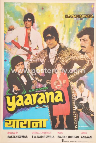 Buy Yaarana 1981 Bollywood Movie Poster. Starring Amitabh Bachchan, Amjad Khan, Neetu Singh, Tanuja, and Kader Khan. Directed by Raakesh Kumar.