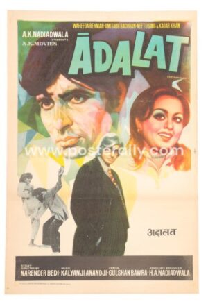 Buy Original Bollywood Posters online. Original Hand Painted Poster of Adalat 1976 for sale. Directed by Narendra Bedi. Starring Amitabh Bachchan, Waheeda Rehman and Neetu Singh.