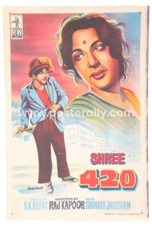 Shree 420 Original Bollywood Poster | Vintage Bollywood posters | Shree 420 1955 | Original movie posters for sale online | Raj Kapoor and Nargis