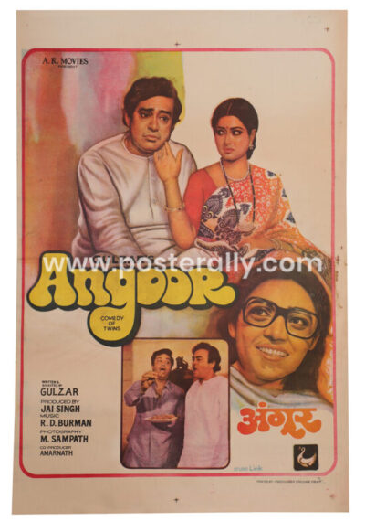 Buy Angoor Original Bollywood Movie Poster. Starring Sanjeev Kumar, Moushumi Chatterjee and Deven Verma. Vintage hand painted Bollywood Posters online.