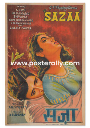 Buy Sazaa 1951 Original Bollywood Movie Poster. Starring Dev Anand, Nimmi, Shyama, KN Singh, Durga Khote. Buy Vintage Handpainted Bollywood Posters online.