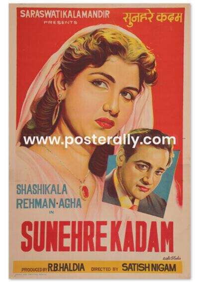 Buy Sunehre Kadam 1966 Original Bollywood Movie Poster. Starring Shashikala, Rehman, Agha. Buy Vintage Handpainted Bollywood Posters online.