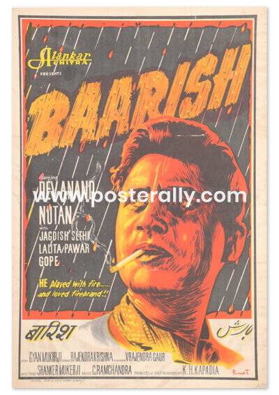 Baarish Original Bollywood Movie Poster. Starring Dev Anand and Nutan. Directed by Shanker Mukherjee. Buy Vintage Handpainted Bollywood Posters online.