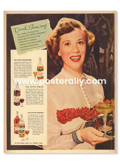 Roma Wine Dinah Shore (1948). Buy Vintage Ad Prints online - food, liquor etc. Buy Kitchen prints, Bar prints, Dining area prints for home decor.