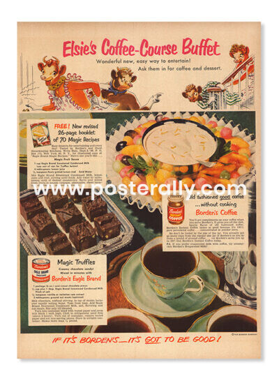 Buy Vintage Ad Prints online. Borden’s Elsie Cow Coffee Eagle Brand Buffet (1950). Buy Kitchen prints, Bar prints, Dining area prints at Posterally Studio.