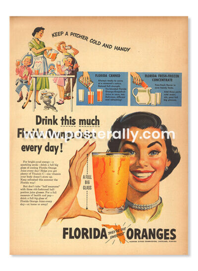 Florida Oranges (1951). Buy Vintage Ad Prints online - food, liquor etc. Buy Kitchen prints, Bar prints, Dining area prints for home decor.