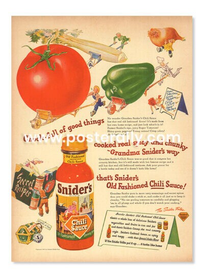 Snider's Chilli Sauce (1940's). Buy Vintage Ad Prints online - food, liquor etc. Buy Kitchen prints, Bar prints, Dining area prints for home decor.