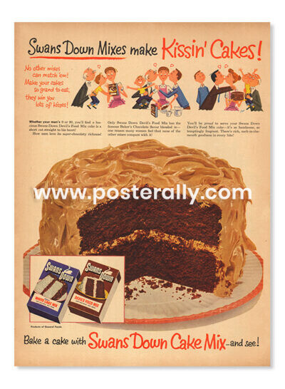 Swans Down Cake Mix (1953). Buy Vintage Ad Prints online - food, liquor etc. Buy Kitchen prints, Bar prints, Dining area prints for home decor.