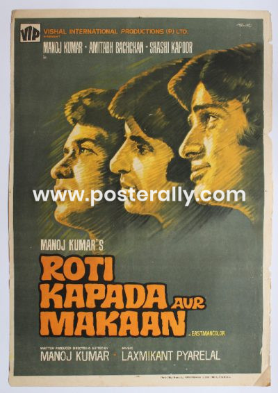 Buy Roti Kapda aur Makaan 1974 Original Bollywood Movie Poster. Starring Manoj Kumar, Amitabh Bachchan, Shashi Kapoor, Zeenat Aman, Moushumi Chatterjee. Directed by Manoj Kumar. Buy Vintage Handpainted Bollywood Posters online.