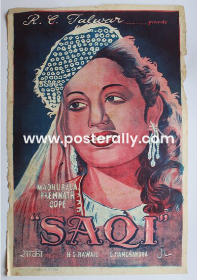 Buy Saqi 1952 Original Bollywood Movie Poster. Starring Madhubala and Prem Nath. Directed by H. S. Rawail. Buy Vintage Handpainted Bollywood Posters online.