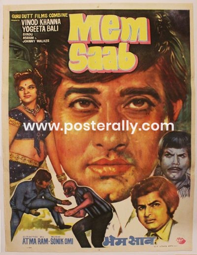 Buy Memsaab 1971 Bollywood Movie Poster. Starring Vinod Khanna, Yogeeta Bali, Johnny Walker, Bindu, Jayshree T. Directed by Atma Ram.
