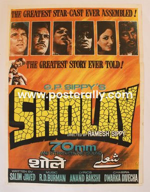 Buy Sholay 1975 Original Bollywood Movie Poster. Starring Sanjeev Kumar, Dharmendra, Amitabh Bachchan, Hema Malini, Jaya Bachchan, Amjad Khan. Directed by Ramesh Sippy. Vintage Posters.