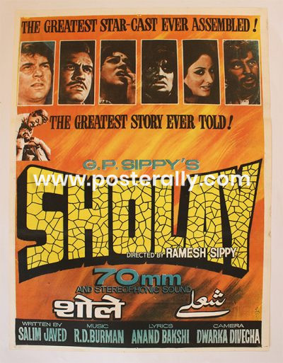 Buy Sholay 1975 Original Bollywood Movie Poster. Starring Sanjeev Kumar, Dharmendra, Amitabh Bachchan, Hema Malini, Jaya Bachchan, Amjad Khan. Directed by Ramesh Sippy. Vintage Posters.