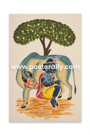Lord Krishna Kalighat Painting. Buy Kalighat Paintings online. Indian Folk Art Paintings from West Bengal for sale. Buy rare vintage art online India.