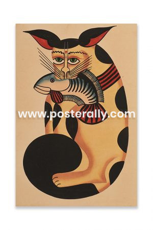 Cat Holding a Fish in Mouth Kalighat Painting. Buy Kalighat Paintings online. Indian Folk Art Paintings from West Bengal for sale. Buy rare vintage art.