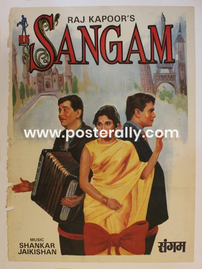 Buy Sangam 1964 Bollywood Movie Poster. Starring Vyjayanthimala, Raj Kapoor, Rajendra Kumar. Directed by Raj Kapoor. Vintage Bollywood Posters online.