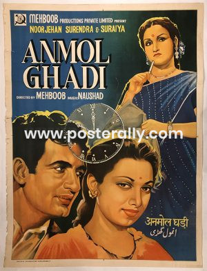 Buy Anmol Ghadi 1952 Original Bollywood Movie Poster. Starring Dilip Kumar, Nimmi, Premnath, Nadira. Directed by Mehboob Khan. Buy Bollywood Posters online