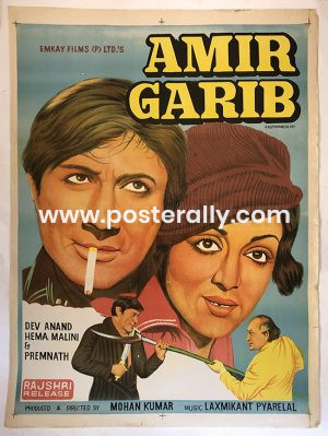Buy Amir Garib 1974 Bollywood Poster online. Directed by Mohan Kumar. Starring Dev Anand, Hema Malini and Prem Nath.Vintage Bollywood Posters online.
