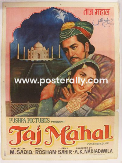 Buy Taj Mahal 1963 Movie Poster. Starring Pradeep Kumar, Bina Rai, Rehman. Directed by M Sadiq. Buy Vintage handpainted Bollywood Posters online.