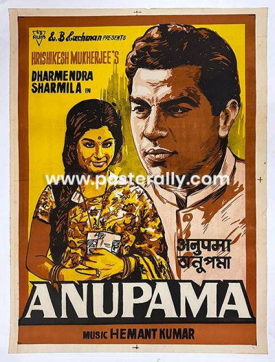 Buy Anupama 1966 Original Bollywood Movie Poster. Starring Dharmendra, Sharmila Tagore, Shashikala and Surekha Pandit. Directed by Hrishikesh Mukherjee.