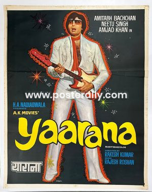 Buy Yaarana 1981 Bollywood Movie Poster. Starring Amitabh Bachchan, Amjad Khan, Neetu Singh, Tanuja, and Kader Khan. Directed by Raakesh Kumar.